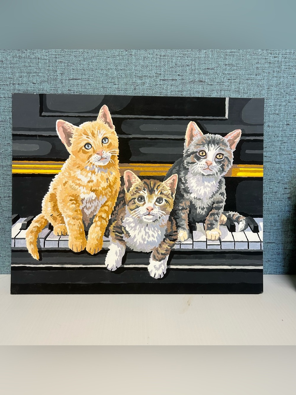 Vintage Completed Paint by Numbers Cat on Piano Keys 11x14 Unframed Board